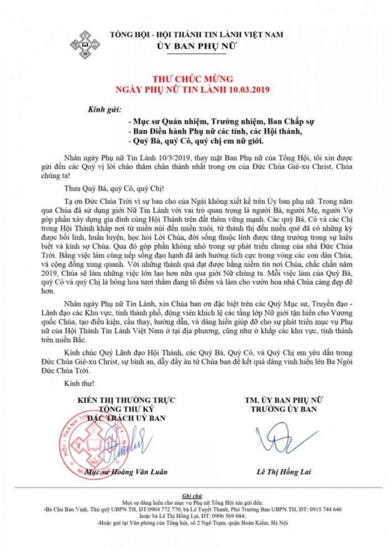 Thư Chúc Mừng Ngày Phụ Nữ Tin Lành
