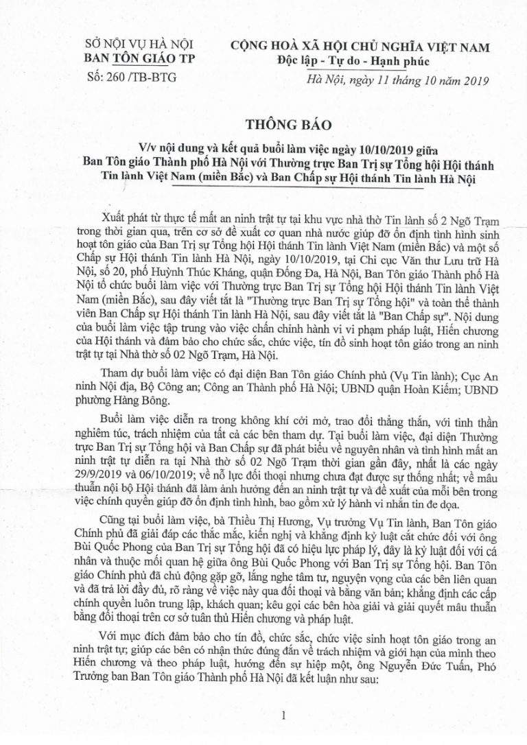Ban Tôn giáo Thành phố Hà Nội làm việc với Thường Trực Ban Trị sự Tổng hội và Chấp sự HTTL Hà Nội