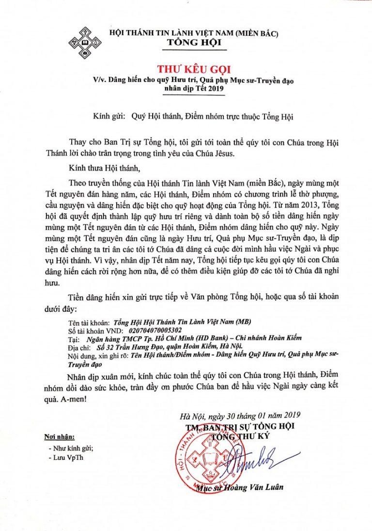 Thư Kêu Gọi Dâng Hiến Quỹ Hưu Trí