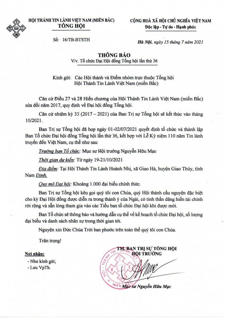 Thông Báo Về Việc Tổ Chức Đại Hội Đồng Tổng Hội Lần Thứ 36